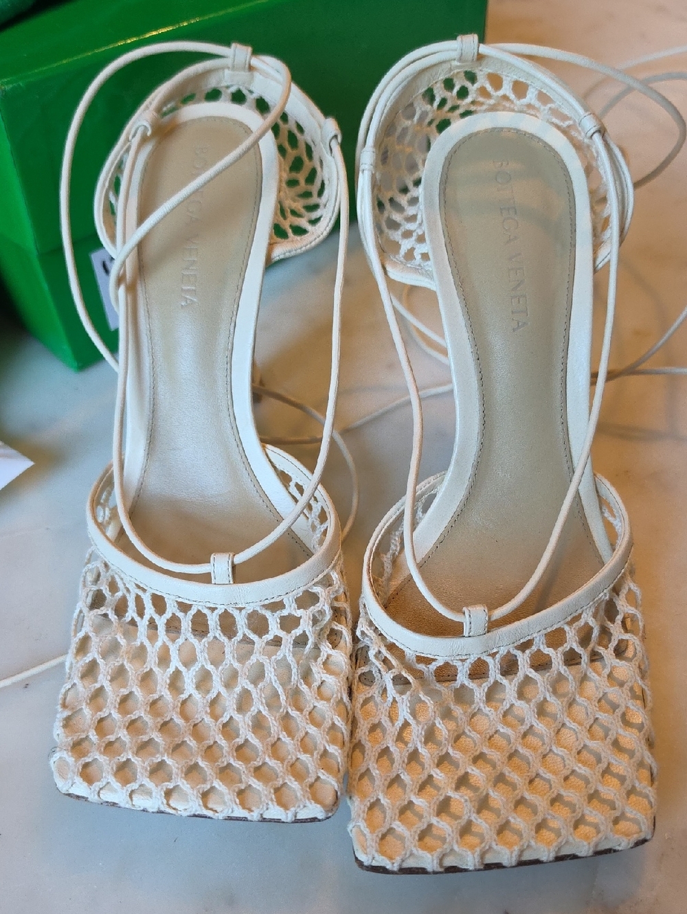 Bottega Veneta White Fishnet Lace-Up Stiletto Heels Size 7.5 - Picture 10 of 16